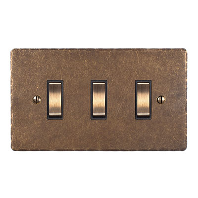 3 Gang Brass Grid Switch Hammered Plate