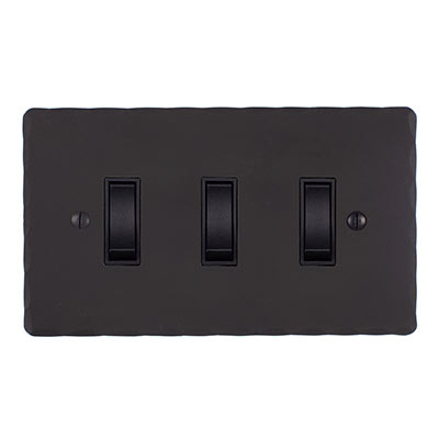 3 Gang Black Grid Switch Hammered Plate