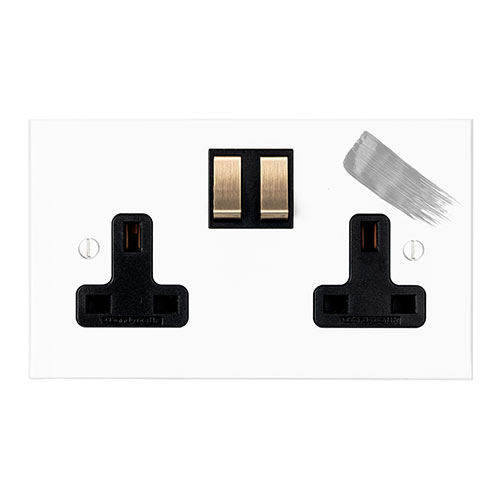 13amp 2 Gang Socket in Primed Paintable, Bevelled, Brass Switches