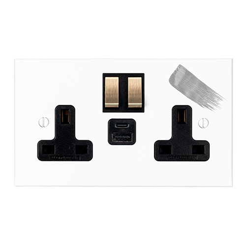13amp 2 Gang Socket USB - Port A\C in Primed Paintable, Bevelled, Brass Switches