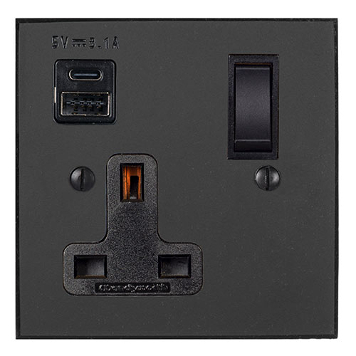 13 Amp 1 Gang Socket USB-A\C Port Beeswax, Bevelled, Black Switches