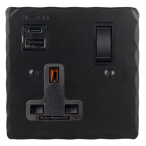 13 Amp 1 Gang Socket USB-A\C Port In Matt Black, Hammered, Black Switches