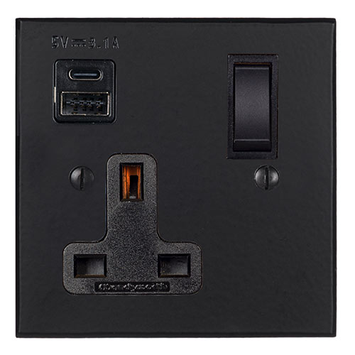 13 Amp 1 Gang Socket USB-A\C Port In Matt Black, Bevelled, Black Switches