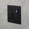 13 Amp 1 Gang Socket USB-A\C Port In Matt Black, Hammered, Black Switches