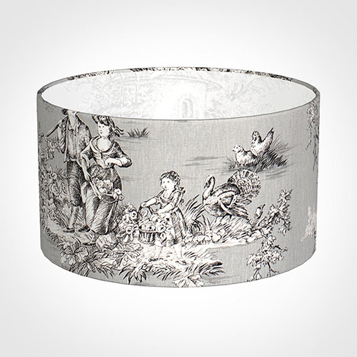 25cm Wide Cylinder Shade in Grey Pastoral Toile de Jouy