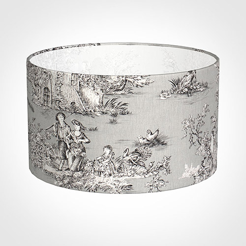 40cm Wide Cylinder Shade in Grey Pastoral Toile de Jouy