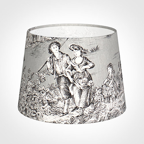 20cm Medium French Drum Shade in Grey Pastoral Toile de Jouy-Lamp Base Only