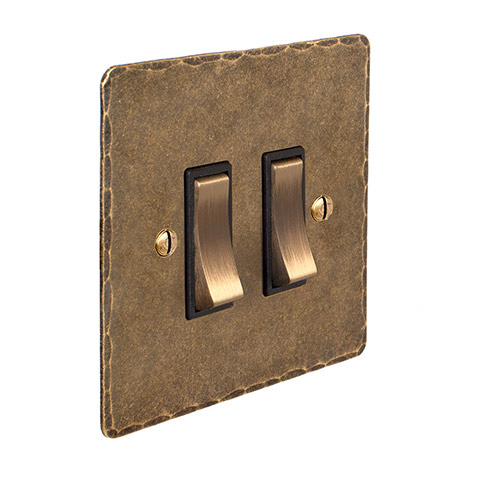 2 Gang Brass Grid Switch Antiqued Brass Hammered Plate