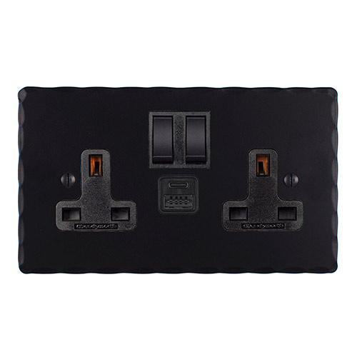13amp 2 Gang Socket USB-A/C Port in Matt Black, Hammered, Black Switches