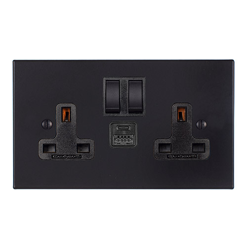 13amp 2 Gang Socket USB-A/C Port in Matt Black, Bevelled, Black Switches