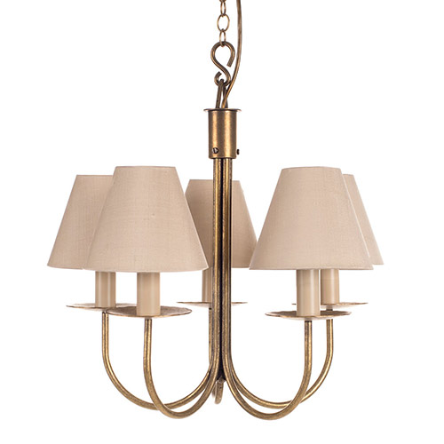 Five Arm Classic Pendant Light in Antiqued Brass