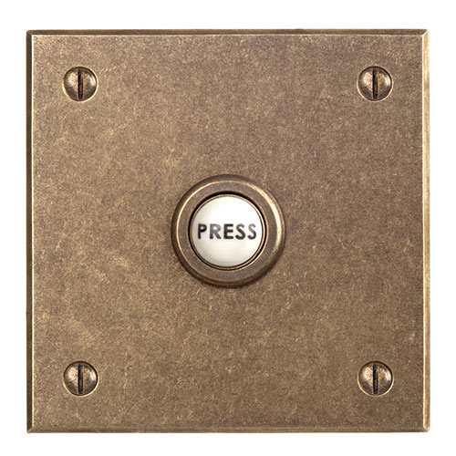 Square Door Bell Cover in Antiqued Brass with Ceramic Bell Push