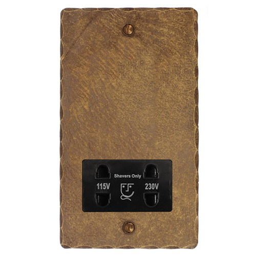 Shaver Socket Antiqued Brass Hammered Plate, Black Insert