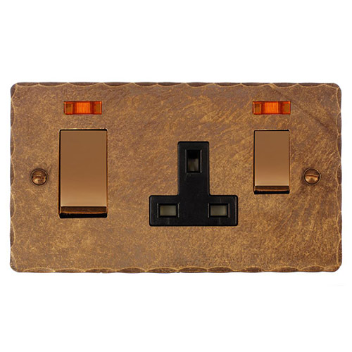 45amp Cooker Socket Antiqued Brass Hammered Plate, Brass/Black Insert