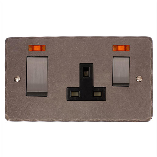 45amp Cooker Socket Polished Hammered Plate, Steel/ Black Inserts