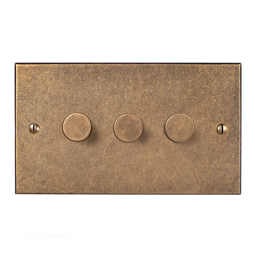 3 Gang Rotary Dimmer Antiqued Brass Bevelled Plate