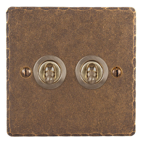 2 Gang Brass Dolly Switch Antiqued Brass Hammered Plate