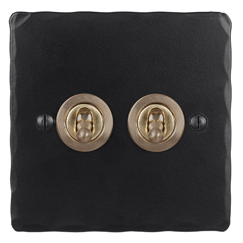 2 Gang Brass Dolly Switch Matt Black Hammered Plate