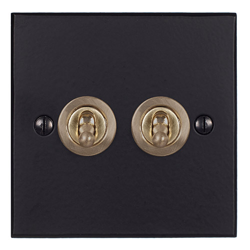 2 Gang Brass Dolly Switch Matt Black Bevelled Plate