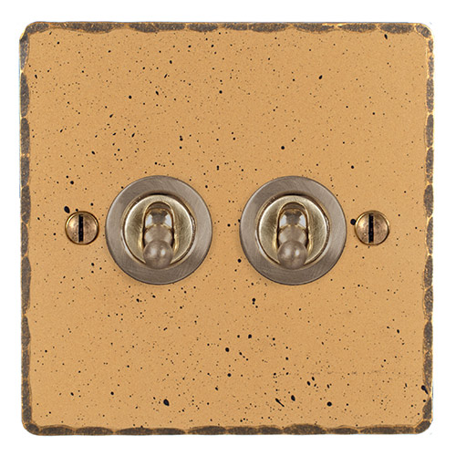 2 Gang Brass Dolly Switch Old Gold Hammered Plate