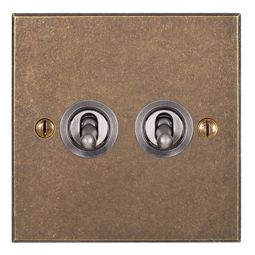 2 Gang Steel Dolly Switch with Antiqued Brass Bevelled Plate