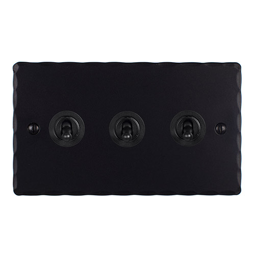 3 Gang Black Dolly Switch Matt Black Hammered Plate