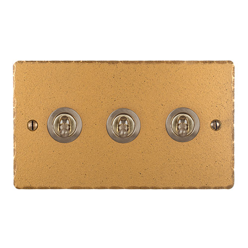3 Gang Brass Dolly Switch Old Gold Hammered Plate