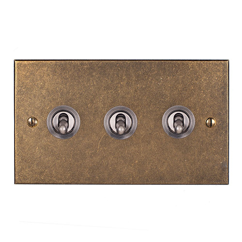 3 Gang Steel Dolly Switch with Antiqued Brass Bevelled Plate