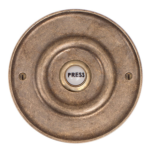 Door Bell Cover in Antiqued Brass with Ceramic Bell Push