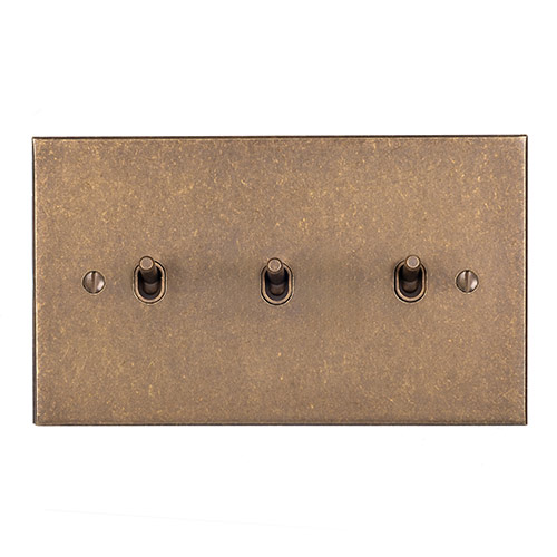 3 Gang Brass Toggle Switch in Antiqued Brass, Bevelled