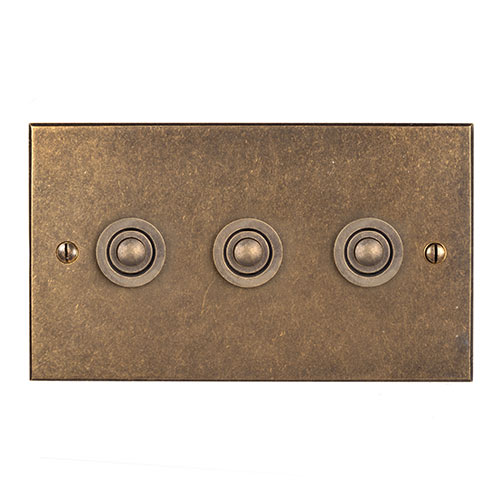 3 Gang Brass Button Switch in Antiqued Brass, Bevelled