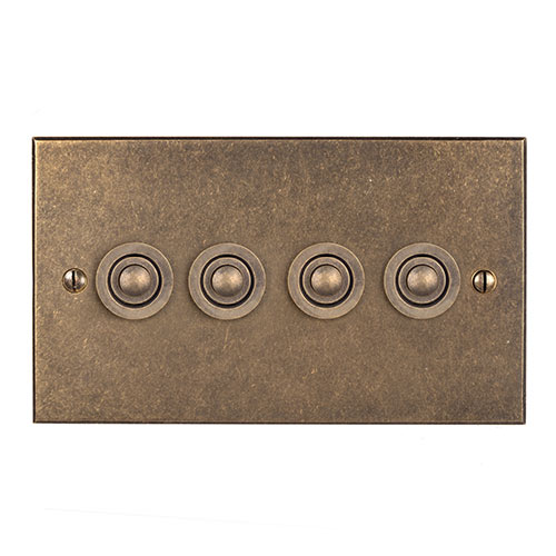 4 Gang Brass Button Switch in Antiqued Brass, Bevelled
