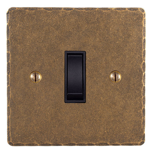 Double Pole Isolator (No Neon) Antiqued Brass Hammered Plate, Black Switch