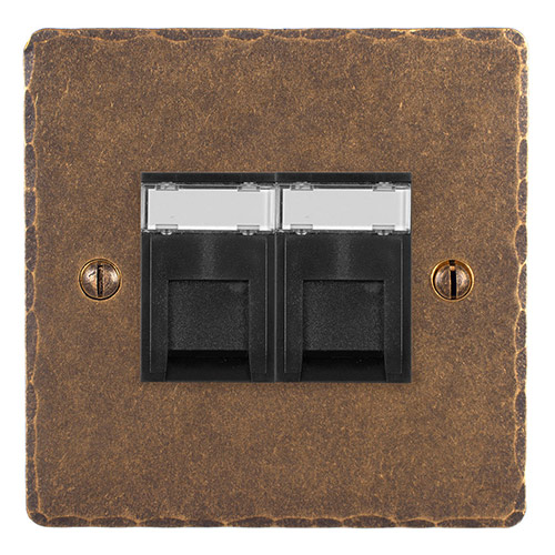 Combined BT Master/RJ45 Socket Antiqued Brass Hammered Plate, Black Insert