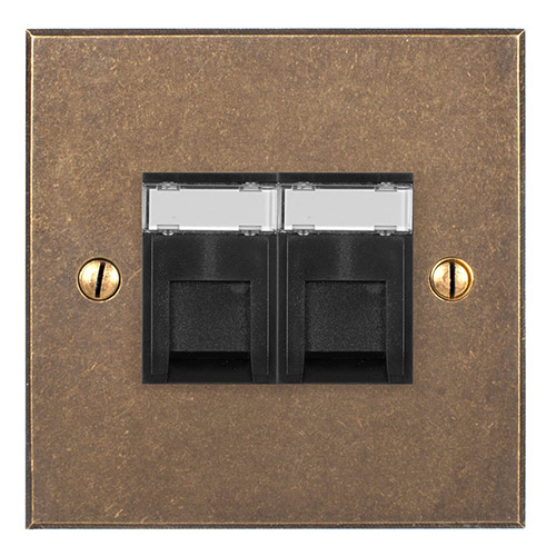 Combined BT Master/RJ45 Socket Antiqued Brass Bevelled Plate, Black Insert