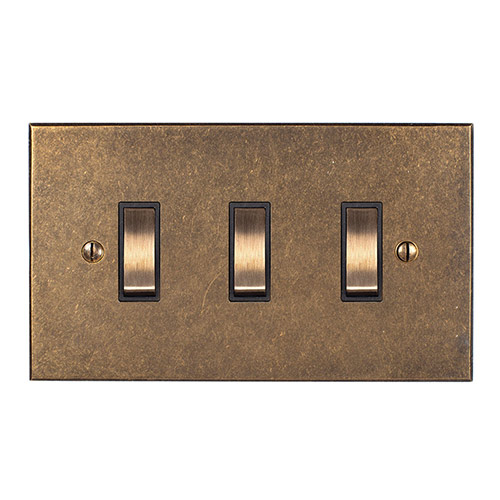 3 Gang Brass Grid Switch Antiqued Brass Bevelled Plate
