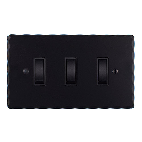 3 Gang Black Grid Switch Matt Black Hammered Plate