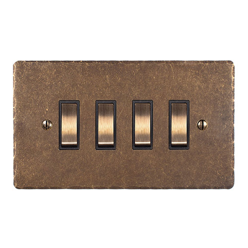 4 Gang Brass Grid Switch Antiqued Brass Hammered Plate