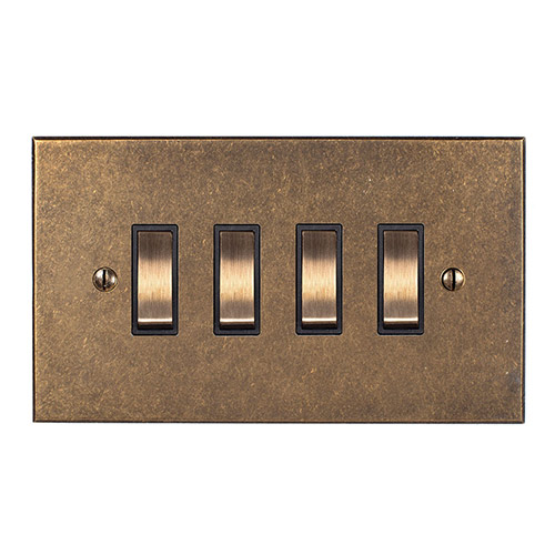 4 Gang Brass Grid Switch Antiqued Brass Bevelled Plate