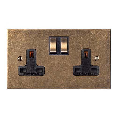 2 Gang Plug Socket AB Bevelled Plate, Brass Switch