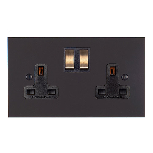 2 Gang Plug Socket Beeswax Bevelled Plate, Brass Switches