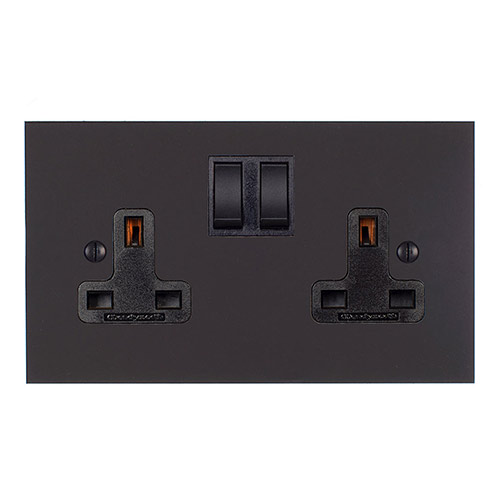 2 Gang Plug Socket Beeswax Bevelled Plate, Black Switches
