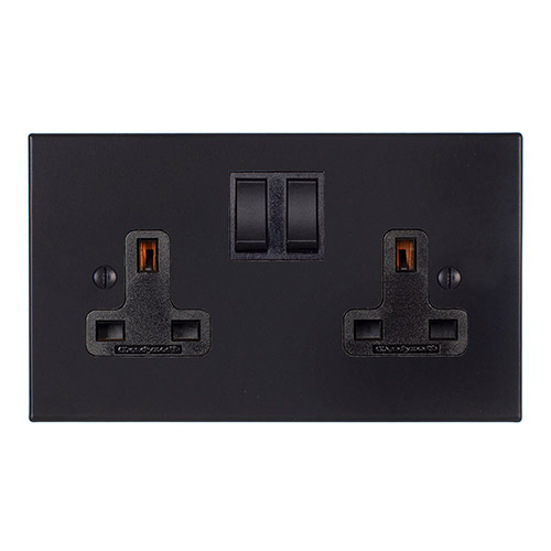 2 Gang Plug Socket Matt Black Bevelled Plate, Black Switches