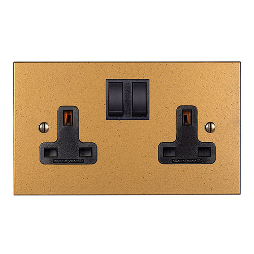 2 Gang Plug Socket Old Gold Bevelled Plate, Black Switches