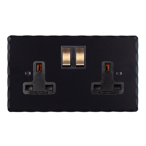 2 Gang Plug Socket Matt Black Hammered Plate, Brass Switches