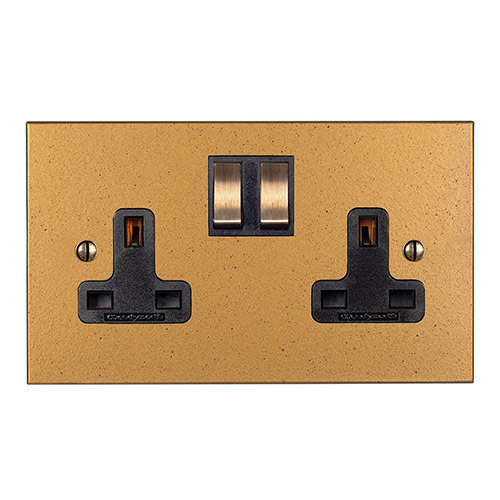 2 Gang Plug Socket Old Gold Bevelled Plate, Brass Switches