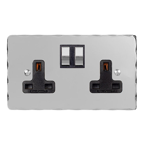 2 Gang Plug Socket Nickel Hammered Plate, Chrome Switches