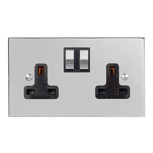 2 Gang Plug Socket Nickel Bevelled Plate, Chrome Switches