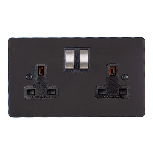 2 Gang Plug Socket Beeswax Hammered Plate, Steel Switches