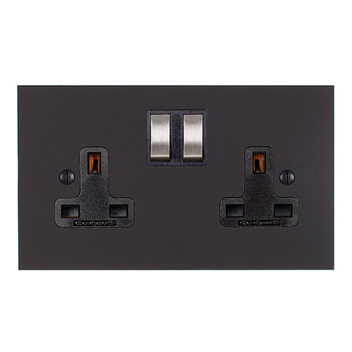 2 Gang Plug Socket Beeswax Bevelled Plate, Steel Switches